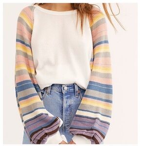 We The Free White Multi Rainbow Dreams Swift Waffle Weave Knit Pullover